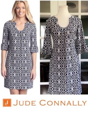 Jude Connally Nancy Dress | Jude Cloth Navy Lattice Geo Print | Size XS
